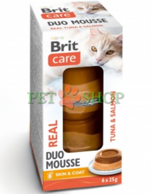 <p><strong>Brit Care&nbsp;Cat Real Duo Mousse Tuna, Salmon -&nbsp;</strong>дополнительный суперпремиальный влажный корм для кошек в виде нежного двухслойного мусса с тунцом и лососем для поддержания здоровья кожи и шерсти. <strong>В упаковке идет 6 маленьких консерв по 25 грамм (итого 150 гр).</strong></p>