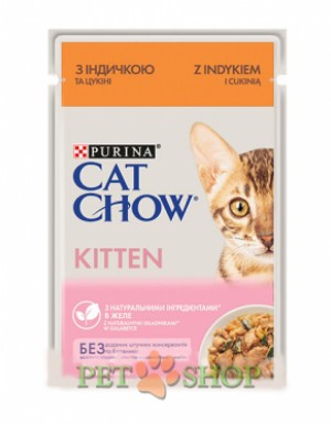 <p><strong>Влажный корм Cat Chow для котят, индейка/кабачок в желе, пауч, 85 г</strong></p>