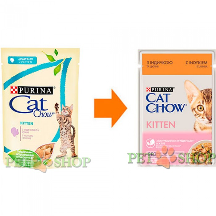 <p><strong>Влажный корм Cat Chow для котят, индейка/кабачок в желе, пауч, 85 г</strong></p>