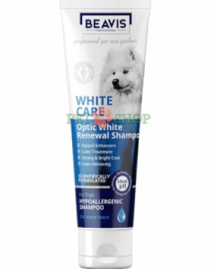 <p><strong>&nbsp;</strong><strong>Beavis White Care Optic White Renewal Shampoo - </strong>шампунь &nbsp;для собак с белой шерстью &ndash; гипоаллергенный, без слез, с оптическими усилителями для яркой и сияющей белой шерсти, эффективно очищает загрязнения, уменьшает неприятные запахи, укрепляет структуру волос и подходит для чувствительных собак.</p>