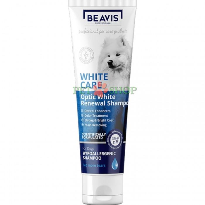 <p><strong>&nbsp;</strong><strong>Beavis White Care Optic White Renewal Shampoo - </strong>шампунь &nbsp;для собак с белой шерстью &ndash; гипоаллергенный, без слез, с оптическими усилителями для яркой и сияющей белой шерсти, эффективно очищает загрязнения, уменьшает неприятные запахи, укрепляет структуру волос и подходит для чувствительных собак.</p>