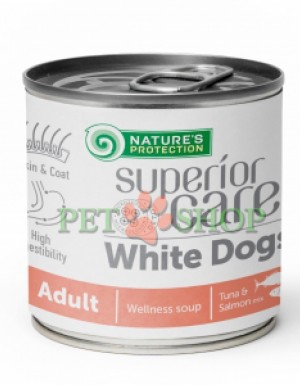 <p><strong>Natures Protection Superior Care White Dogs Adult Wellness Soup Tuna, Salmon -&nbsp;</strong>вкусное угощение в виде супа на основе натурального бульона с лососем и тунцом для дополнения основного рациона взрослых собак с белоснежной шерстью.&nbsp;</p>