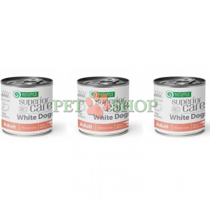 <p><strong>Natures Protection Superior Care White Dogs Adult Wellness Soup Tuna, Salmon -&nbsp;</strong>вкусное угощение в виде супа на основе натурального бульона с лососем и тунцом для дополнения основного рациона взрослых собак с белоснежной шерстью.&nbsp;</p>