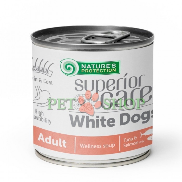<p><strong>Natures Protection Superior Care White Dogs Adult Wellness Soup Tuna, Salmon -&nbsp;</strong>вкусное угощение в виде супа на основе натурального бульона с лососем и тунцом для дополнения основного рациона взрослых собак с белоснежной шерстью.&nbsp;</p>