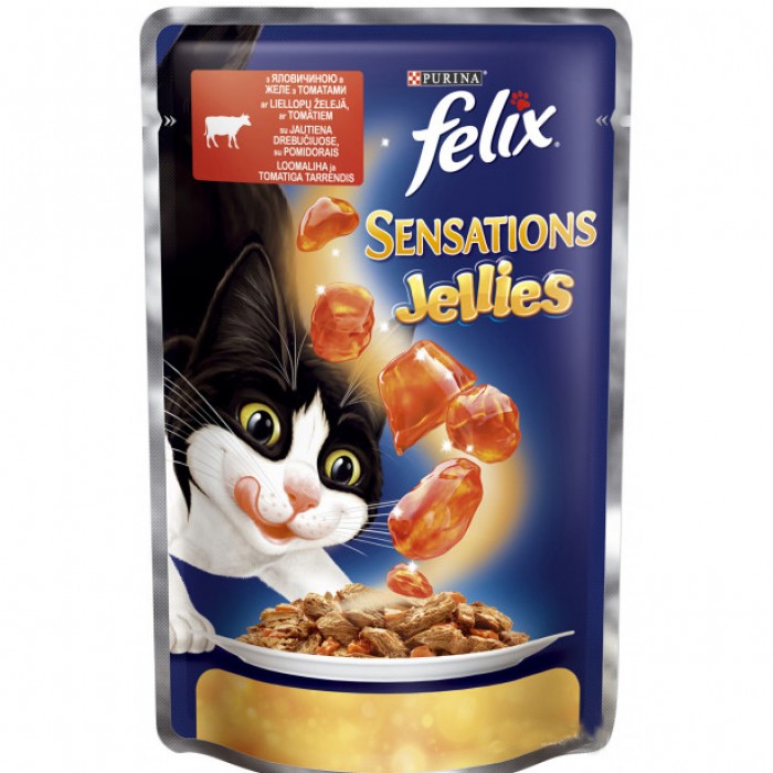 <p><strong>Консервы для кошек Purina Felix Sensations, говядина с томатами, пауч, 100 гр</strong></p>