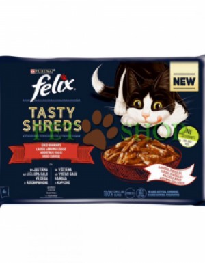 <p><strong>Felix Tasty Shreds vita și pui - fâșii moi mărunțite într-un sos irezistibil de gustos pe care pisica ta îl va îndrăgi. 2 buc cu vita, 2 buc cu pui, 4 buc*80 gr</strong></p>