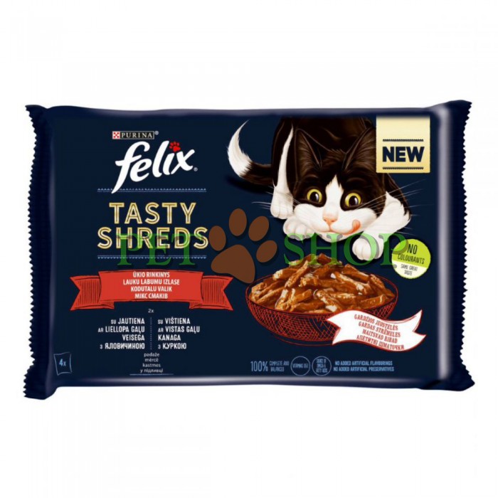 <p><strong>Корм Felix Tasty Shreds для кошек 2 шт с говядиной и 2 шт с курицей, 4х80 гр</strong></p>