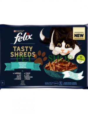 <p><strong>Felix Tasty Shreds somon și ton - fâșii moi mărunțite într-un sos irezistibil de gustos pe care pisica ta îl va îndrăgi, 2 buc cu ton, 2 buc cu somon , 4 buc * 80 gr</strong></p>