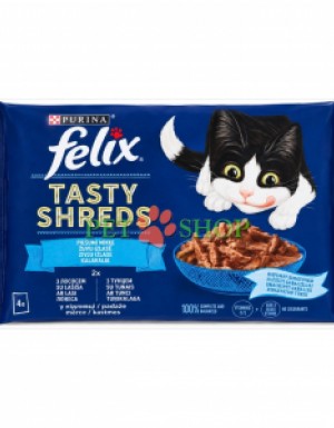 <p><strong>Felix Tasty Shreds somon și ton&nbsp;- f&acirc;șii moi mărunțite &icirc;ntr-un sos irezistibil de gustos pe care pisica ta &icirc;l va &icirc;ndrăgi, 2 buc cu ton, 2 buc cu somon , 4 buc * 80 gr</strong></p>