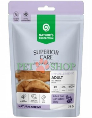<p><strong>Nature&rsquo;s Protection Superior Care Adult All Breeds Dogs Snacks&nbsp;-&nbsp;</strong>кроличьи уши с начинкой из кролика лакомство для взрослых собак всех пород. Это натуральное жевательное лакомство с функциональной начинкой, созданное для ежедневного поощрения питомца.&nbsp;Не подходит для щенков младше 3 месяцев.</p>