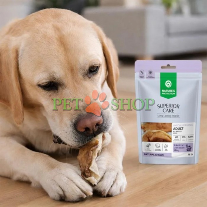 <p><strong>Nature&rsquo;s Protection Superior Care Adult All Breeds Dogs Snacks</strong> &ndash; <strong>urechi de iepure cu umplutură de iepure</strong>, recompensă pentru c&acirc;inii adulți de toate rasele. Este o gustare naturală pentru mestecat, cu umplutură funcțională, creată pentru răsfățul și recompensarea zilnică a animalului de companie.&nbsp;<strong>Nu este potrivită pentru cățeii cu v&acirc;rsta mai mică de 3 luni.</strong></p>