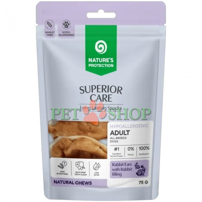 <p><strong>Nature&rsquo;s Protection Superior Care Adult All Breeds Dogs Snacks</strong> &ndash; <strong>urechi de iepure cu umplutură de iepure</strong>, recompensă pentru c&acirc;inii adulți de toate rasele. Este o gustare naturală pentru mestecat, cu umplutură funcțională, creată pentru răsfățul și recompensarea zilnică a animalului de companie.&nbsp;<strong>Nu este potrivită pentru cățeii cu v&acirc;rsta mai mică de 3 luni.</strong></p>