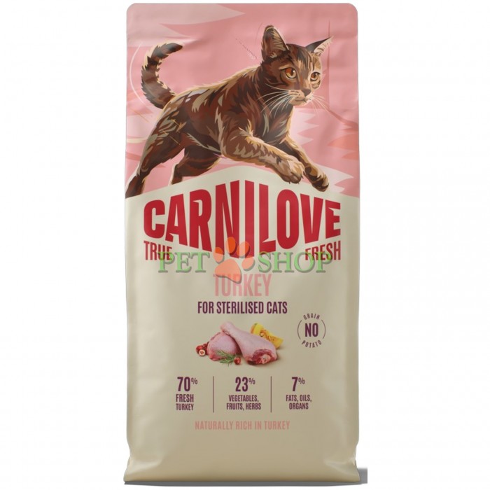 <p><strong>Carnilove True Fresh Sterilised Cat Turkey</strong> &ndash; hrană completă <strong>TRUE FRESH</strong> cu curcan proaspăt pentru pisici adulte sterilizate de toate rasele. <strong>Carne și organe proaspete &ndash; Fără carne și grăsime de pui &ndash; Fără cereale.</strong></p>