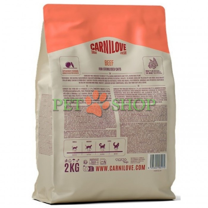 <p><strong>Carnilove True Fresh Sterilised Cat Beef</strong> &ndash; hrană completă <strong>TRUE FRESH cu carne proaspătă de vită</strong> pentru pisici adulte sterilizate, de toate rasele. <strong>Carne și organe proaspete &ndash; Fără carne și grăsime de pui &ndash; Fără cereale.</strong></p>