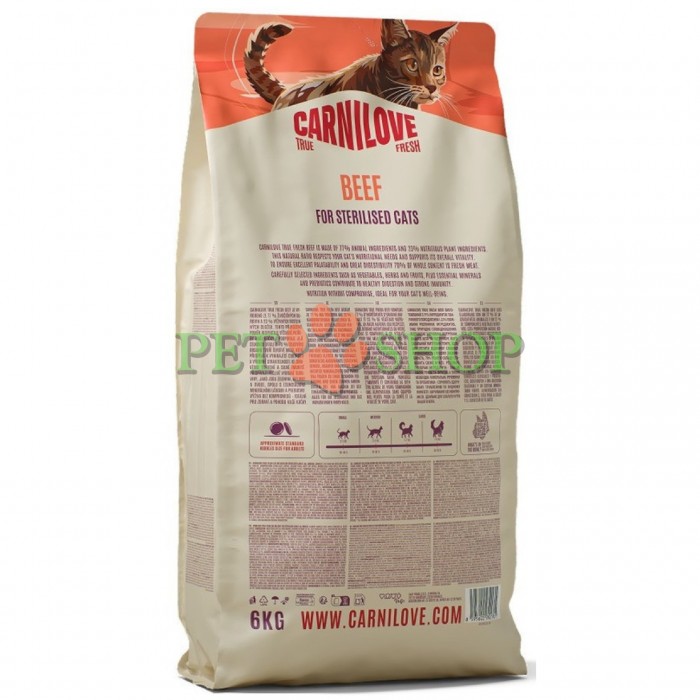 <p><strong>Carnilove True Fresh Sterilised Cat Beef</strong> &ndash; hrană completă <strong>TRUE FRESH cu carne proaspătă de vită</strong> pentru pisici adulte sterilizate, de toate rasele. <strong>Carne și organe proaspete &ndash; Fără carne și grăsime de pui &ndash; Fără cereale.</strong></p>