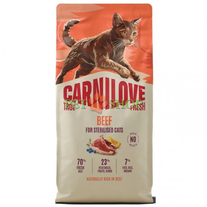 <p><strong>Carnilove True Fresh Sterilised Cat Beef</strong> &ndash; hrană completă <strong>TRUE FRESH cu carne proaspătă de vită</strong> pentru pisici adulte sterilizate, de toate rasele. <strong>Carne și organe proaspete &ndash; Fără carne și grăsime de pui &ndash; Fără cereale.</strong></p>