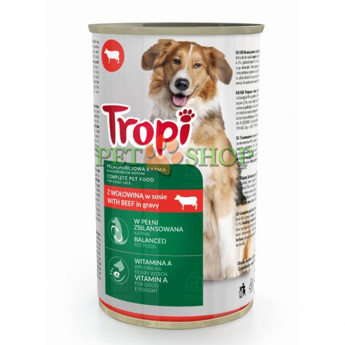 <p><strong>Полнорационный повседневный корм «Tropi» для взрослых собак в соусе с говядиной, 1250 г.</strong></p>