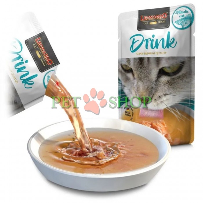 <p><strong>Leonardo Drink Atlantic Cod - суп&nbsp;</strong><strong>с атлантической треской</strong>, с лёгким рыбным ароматом. Идеально подходит в качестве дополнения к сухому корму: этот напиток способствует повышению потребления жидкости и поддерживает здоровье и жизненный тонус вашей кошки. Достаточное потребление воды особенно важно для поддержания здоровья мочевыводящей системы.</p>