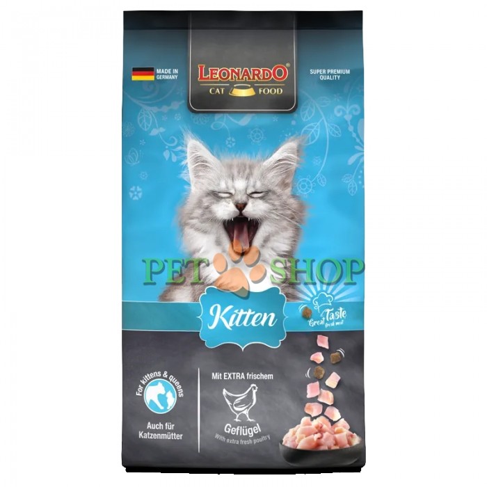 <p><strong>Сухой корм Leonardo Kitten для котят в возрасте до одного года, а также для беременных и кормящих кошек.</strong></p>