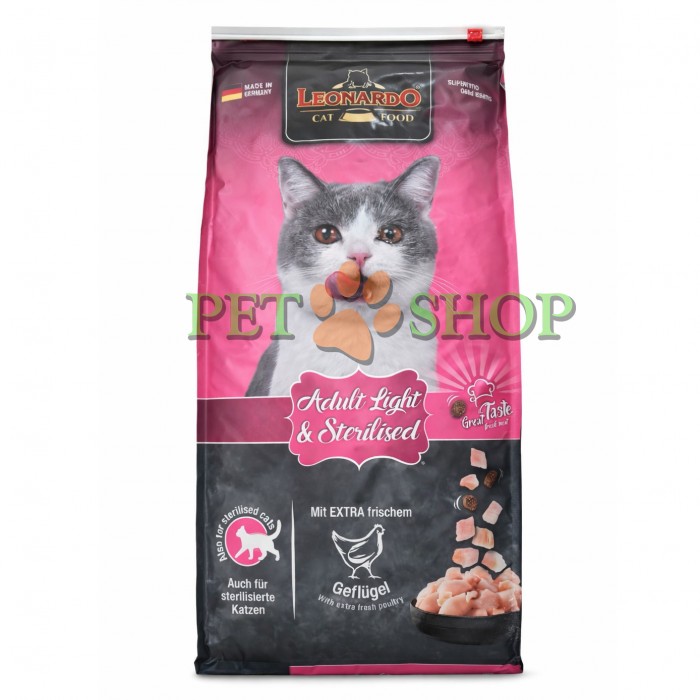 <p><strong>Leonardo Adult Light&nbsp;- низкокалорийный сбалансированный сухой&nbsp;корм&nbsp;с птицей для стерилизованных и имеющих избыточный вес кошек, 1 кг на развес.</strong></p>