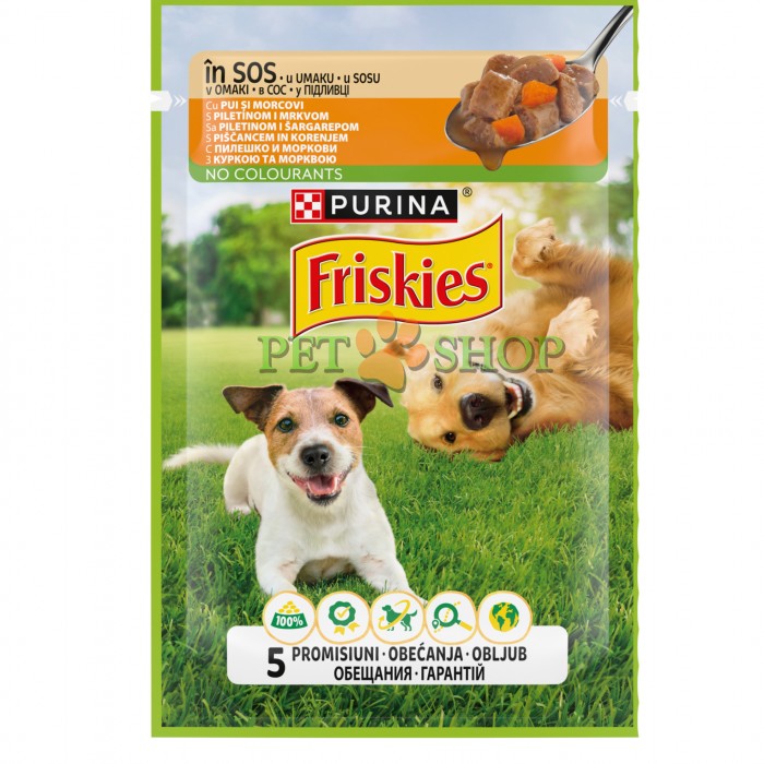 <p><strong>Hrană umedă pentru câini Friskies Adult cu pui și morcov, 85 g</strong></p>