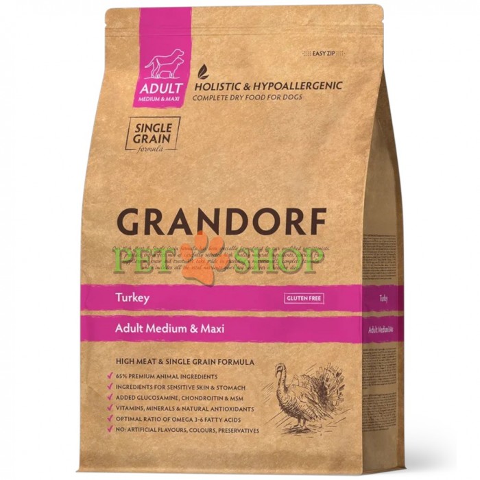 <p>Grandorf Adult Medium&Maxi Turkey - для взрослых собак средних и крупных пород с нормальной активностью, чувствительным пищеварением или склонных к аллергии.</p>