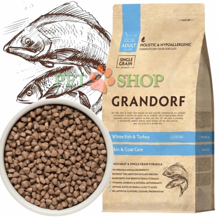<p>Grandorf Cat White Fish Skin&Coat Care - pentru pisici adulte cu activitate normală, piele și blană sensibile sau predispuse la alergii.</p>