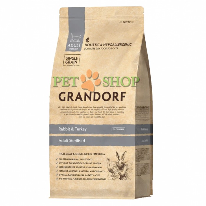 <p>GRANDORF Cat Rabbit&Turkey Adult Sterilised&nbsp;8 kg - pentru pisici sterilizate&nbsp;și motane castrate de la 1 an și pisici mai &icirc;n v&acirc;rstă cu digestie sensibilă sau alergii.</p>