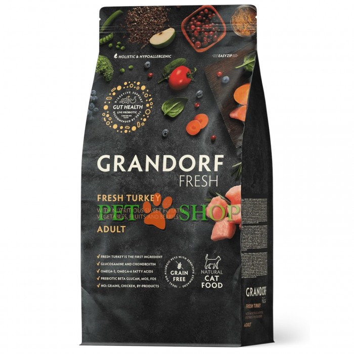 <p><strong>GRANDORF Fresh Cat ADULT Turkey -&nbsp;</strong>беззерновой корм с живыми пробиотиками. Для особо аллергичных кошек с чувствительным пищеварением.</p>