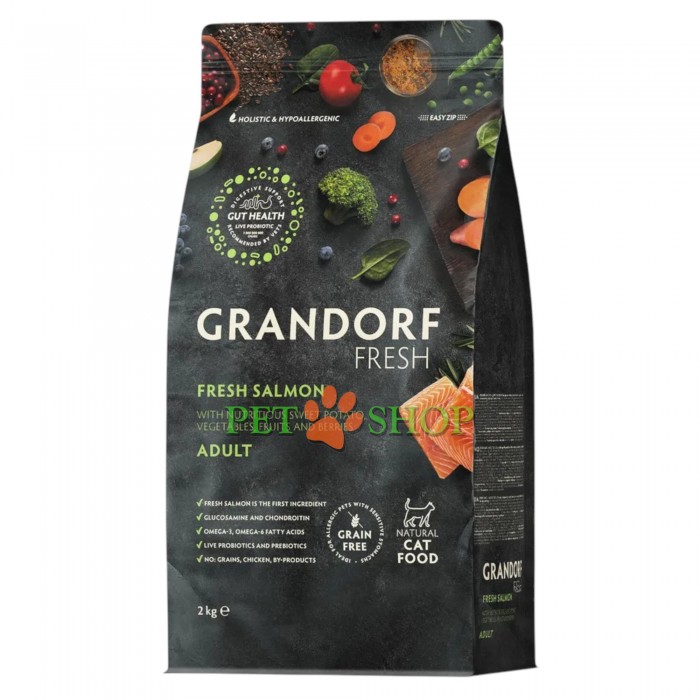 <p><strong>GRANDORF Fresh Cat ADULT Salmon -&nbsp;</strong>hrană fără cereale cu probiotice vii. Pentru pisici adulte, pentru sănătatea pielii și blănii sau predispuse la alergii.</p>