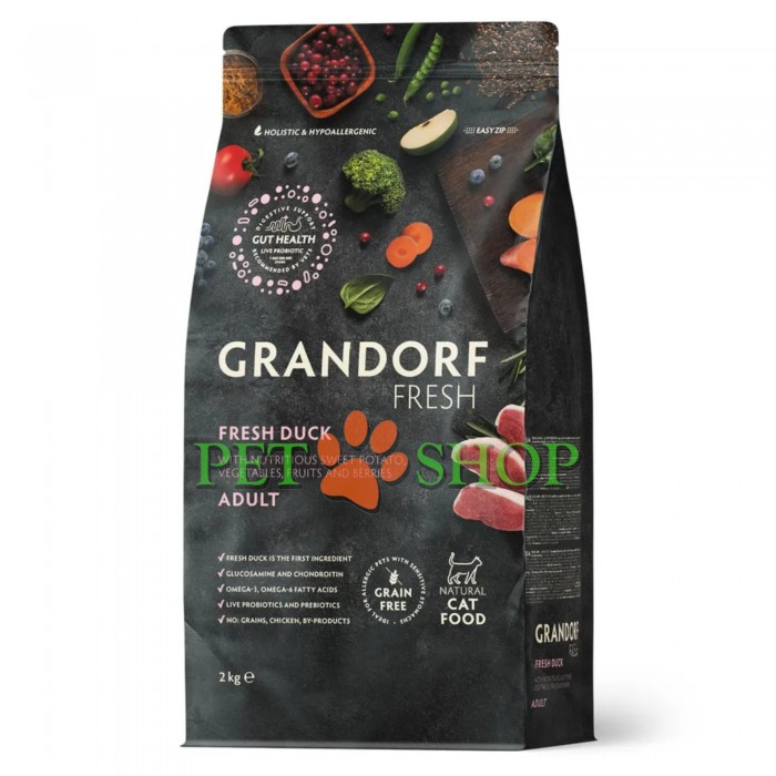 <p><strong>GRANDORF Fresh Cat ADULT Duck -&nbsp;</strong>беззерновой корм с живыми пробиотиками. Для особо аллергичных кошек с чувствительным пищеварением.</p>