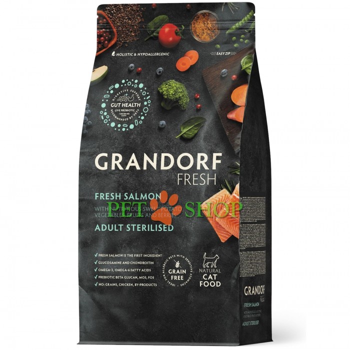 <p><strong>Grandorf Fresh Salmon Adult Cat Sterilised -&nbsp;</strong>hrană fără cereale cu probiotice vii. Pentru pisici adulte sterilizate sau &icirc;n v&acirc;rstă.</p>
