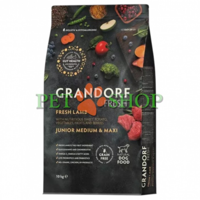 <p><strong>GRANDORF Fresh Lamb Junior Medium, Maxi - </strong>hrană fără cereale cu probiotice vii. Pentru juniori de rase medii și mari &icirc;ncep&acirc;nd cu v&acirc;rsta de 4 luni, precum și pentru cățele gestante și lactante.</p>