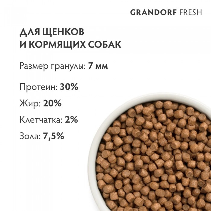 <p><strong>Grandorf Fresh Lamb Puppy - сухой корм беззерновой для щенков всех пород (с 3 недель), а также для беременных и кормящих сук.</strong></p>