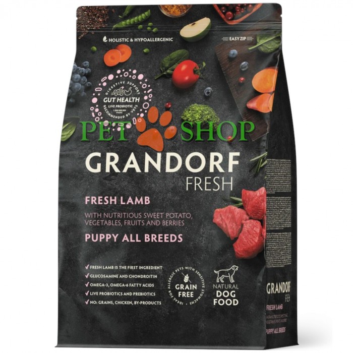 <p><strong>Grandorf Fresh Lamb Puppy - сухой корм беззерновой для щенков всех пород (с 3 недель), а также для беременных и кормящих сук.</strong></p>