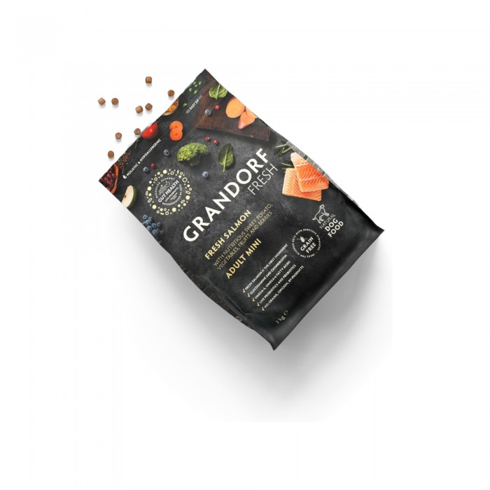 <p><strong>GRANDORF Fresh Salmon Adult Mini</strong> &ndash; Hrană fără cereale, cu probiotice vii. Destinată c&acirc;inilor adulți de talie mică, ideală pentru sănătatea pielii și a blănii sau pentru cei predispuși la alergii.</p>