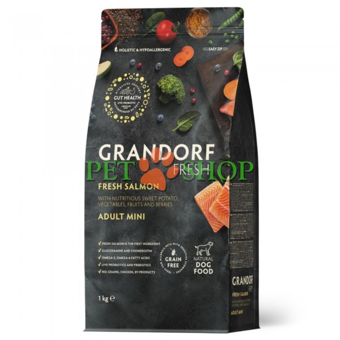 <p><strong>GRANDORF Fresh Salmon Adult Mini</strong> &ndash; Hrană fără cereale, cu probiotice vii. Destinată c&acirc;inilor adulți de talie mică, ideală pentru sănătatea pielii și a blănii sau pentru cei predispuși la alergii.</p>