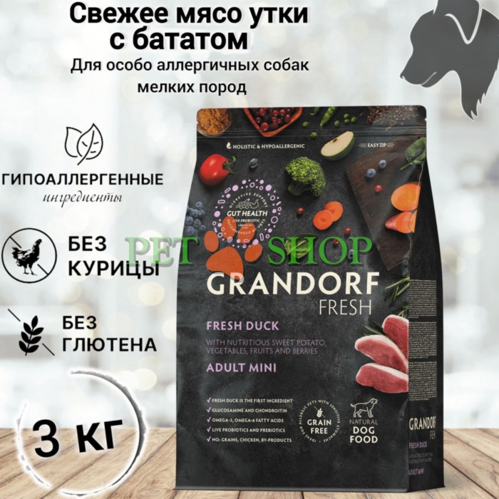 <p><strong>Grandorf Fresh Duck Adult Mini </strong>- hrană fără cereale cu probiotice vii pentru c&acirc;ini de talie mică, cu digestie sensibilă și predispuși la alergii.&nbsp;Dimensiunea granulelor &ndash; 0,7 cm</p>