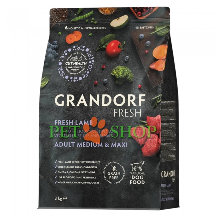 <p><strong>GRANDORF Fresh Dog Adult MEDIUM MAXI Lamb -&nbsp;</strong>Hrană fără cereale cu probiotice vii, pentru c&acirc;ini adulți de talie medie și mare, cu digestie sensibilă sau predispuși la alergii.</p>