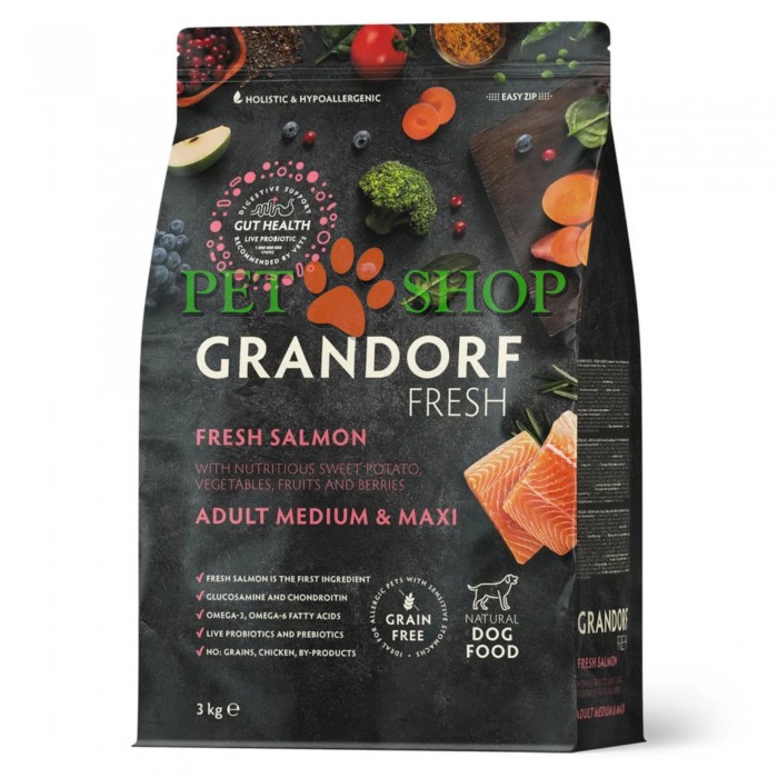 <p><strong>GRANDORF Fresh Salmon Adult Medium Maxi</strong>&nbsp;- беззерновой корм с живыми пробиотиками. Для взрослых собак средних и крупных пород, для здоровья кожи и шерсти или склонных к аллергии.</p>
