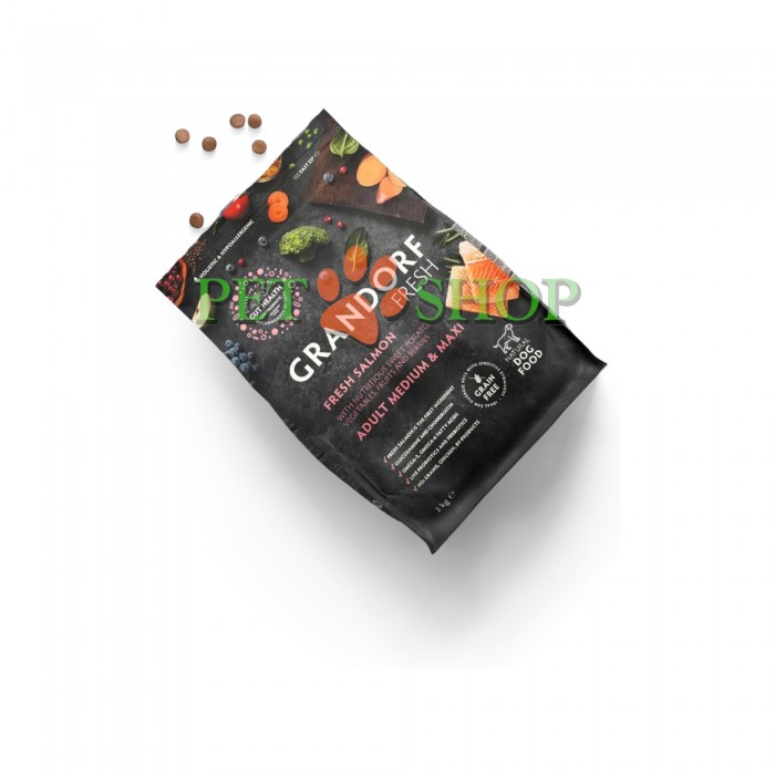 <p><strong>GRANDORF Fresh Salmon Adult Medium Maxi</strong>&nbsp;- беззерновой корм с живыми пробиотиками. Для взрослых собак средних и крупных пород, для здоровья кожи и шерсти или склонных к аллергии.</p>