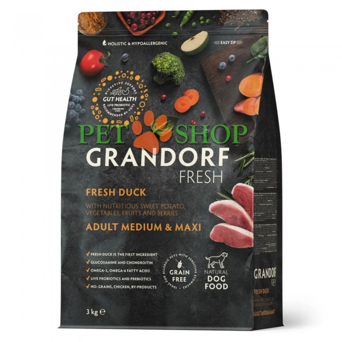 <p><strong>GRANDORF Fresh Dog Adult MEDIUM, MAXI Duck -&nbsp;</strong>Hrană fără cereale cu probiotice vii, pentru c&acirc;ini de talie medie și mare, cu alergii severe și digestie sensibilă.</p>