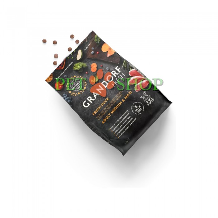 <p><strong>GRANDORF Fresh Dog Adult MEDIUM, MAXI Duck -&nbsp;</strong>Hrană fără cereale cu probiotice vii, pentru c&acirc;ini de talie medie și mare, cu alergii severe și digestie sensibilă.</p>