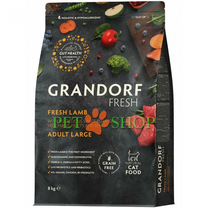 <p><strong>Grandorf Fresh Lamb Adult LARGE Cat - </strong>hrană fără cereale cu probiotice vii. Pentru pisici adulte de rasă mare cu digestie sensibilă sau predispuse la alergii.</p>