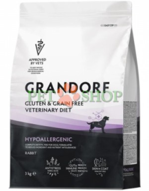 <p><strong>Grandorf Veterinary Diet Dog Hypoallergenic</strong> - полнорационный диетический корм для собак, применяемый при пищевой аллергии или пищевой непереносимости. Формула на основе гидролизованного белка кролика.</p>