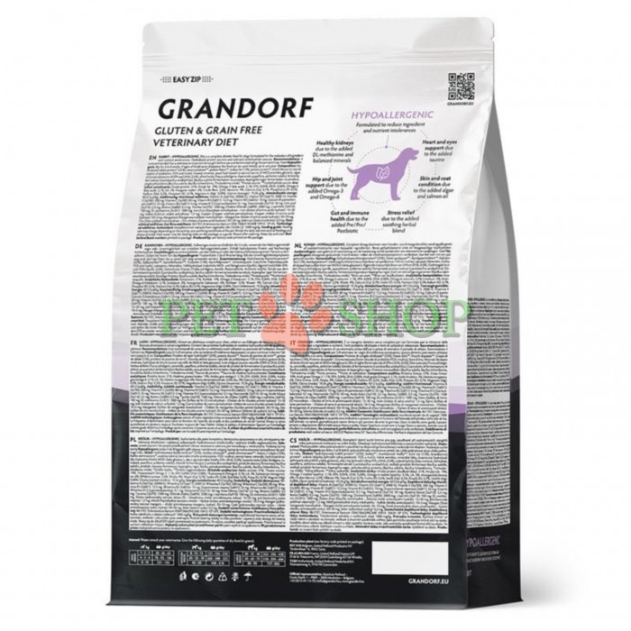 <p><strong>Grandorf Veterinary Diet Dog Hypoallergenic</strong> - полнорационный диетический корм для собак, применяемый при пищевой аллергии или пищевой непереносимости. Формула на основе гидролизованного белка кролика.</p>