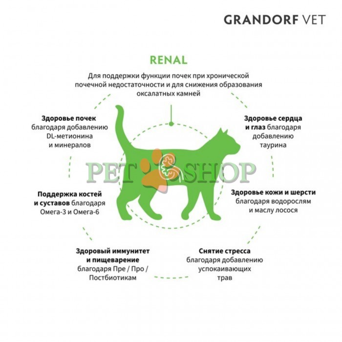 <p><strong>Grandorf Veterinary Diet Cat Renal</strong> - полнорационный диетический сухой корм для кошек, разработанный для поддержки функции почек при хронической болезни почек и для снижения образования оксалатных камней. Формула на основе бескостной индейки.</p>
