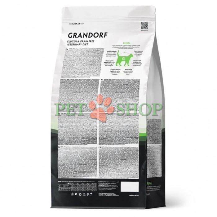 <p><strong>Grandorf Veterinary Diet Cat Renal</strong> - полнорационный диетический сухой корм для кошек, разработанный для поддержки функции почек при хронической болезни почек и для снижения образования оксалатных камней. Формула на основе бескостной индейки.</p>