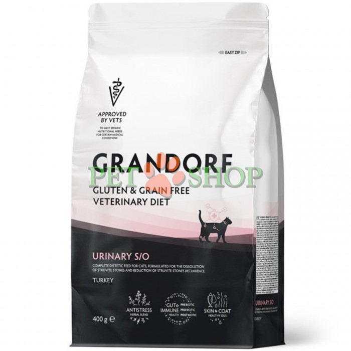 <p><strong>Grandorf Veterinary Diet Cat Urinary S/O - </strong>полнорационный диетический сухой корм для растворения струвитных мочевых камней и снижения риска повторного формирования мочевых камней струвитного и оксалатного типов. Формула на основе бескостной индейки.</p>
