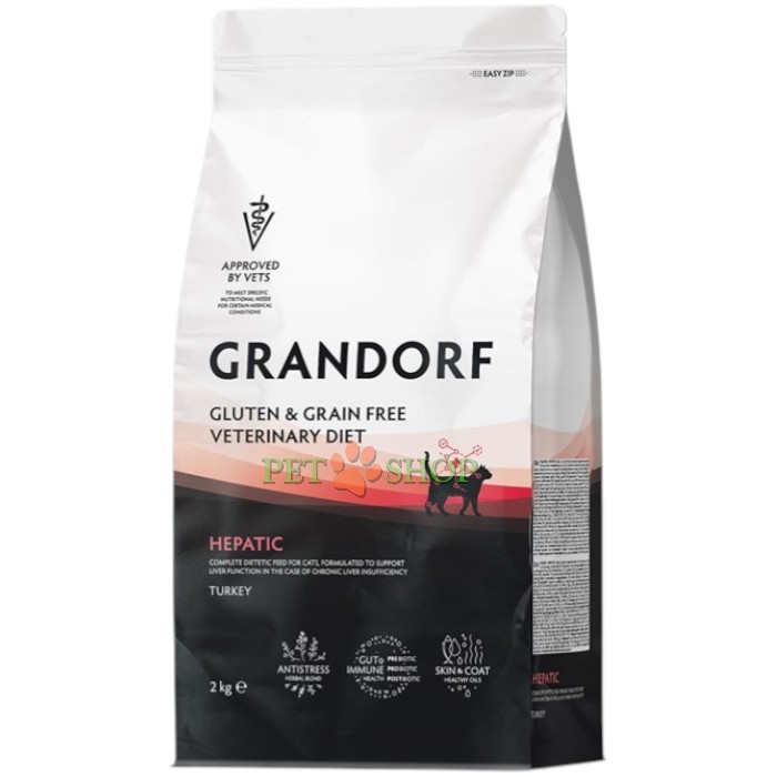 <p><strong>Grandorf Veterinary Diet Cat Hepatic - </strong>полнорационный диетический сухой корм для кошек, разработанный для поддержания функций печени при хронической печеночной недостаточности. Формула на основе бескостной индейки. Обеспечивает поддержку функций печени за счет снижения меди и умеренного содержания высококачественных и легкоусвояемых белков.</p>